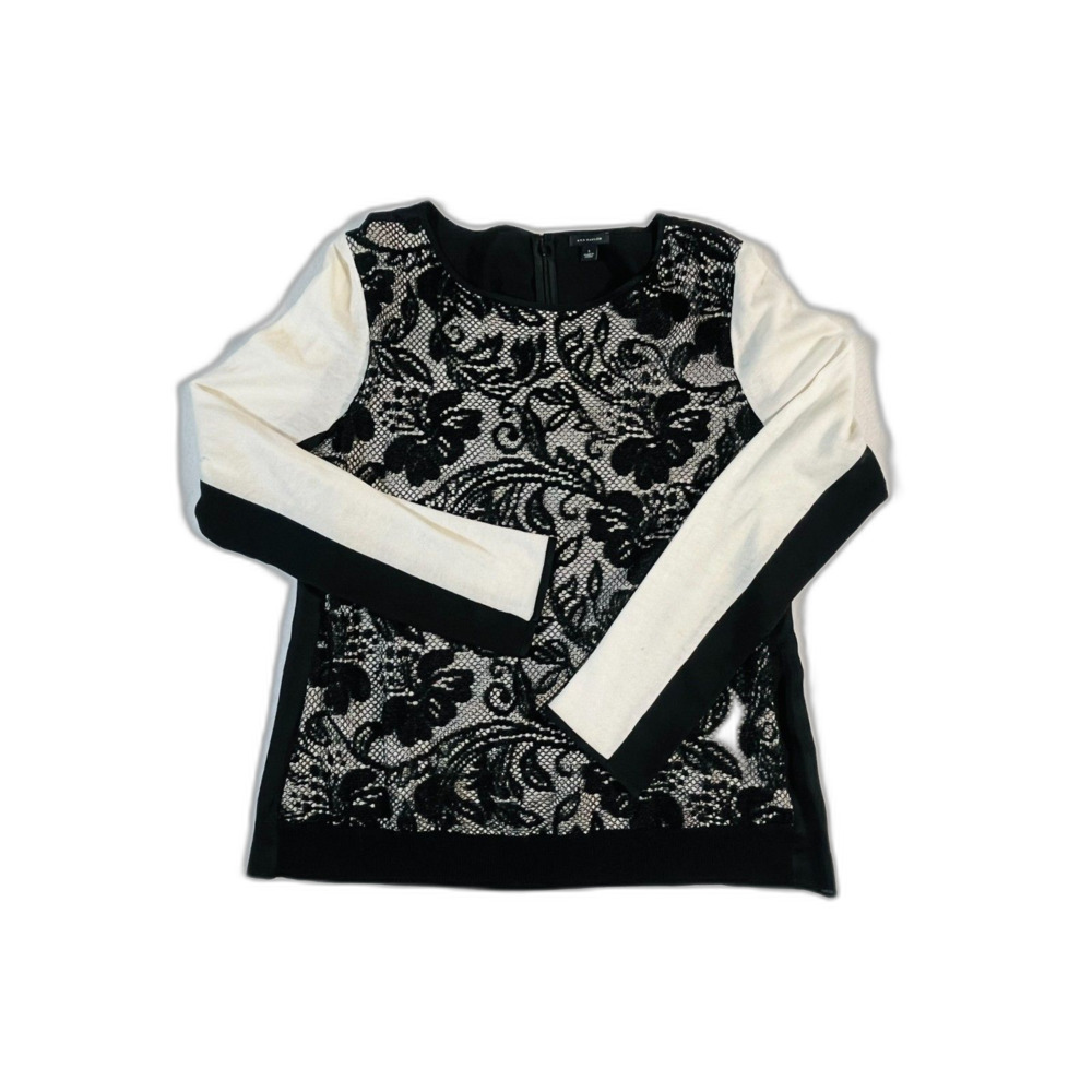 Ann Taylor Black Ivory Lace Overlay Long Sleeve Top Wool Blend Large Tunic CHIC